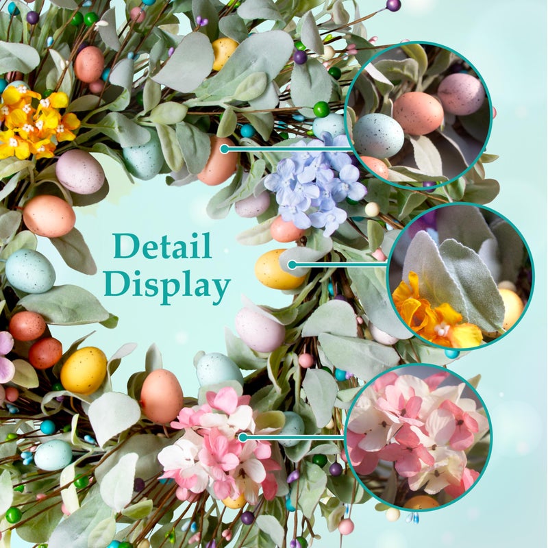 Montekin 20 Inch Spring Easter Wreath with Eggs & Lambs Ear â€“ Artificial Eucalyptus Holiday Front Door Wreath for Farmhouse, Indoor Outdoor Home DÃ©cor, Easter Egg Wreath for Spring - Image 3