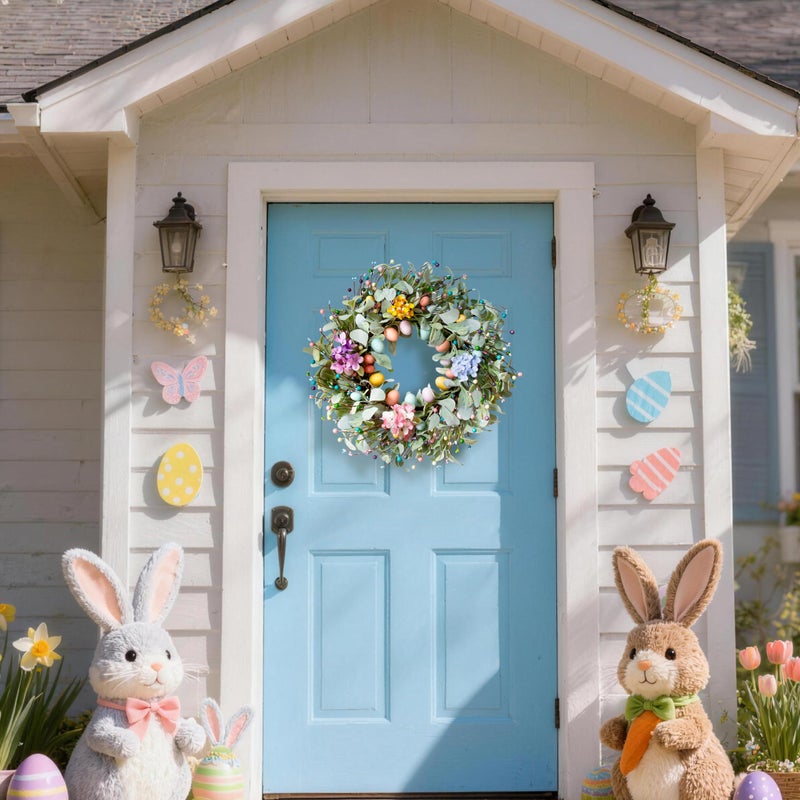 Montekin 20 Inch Spring Easter Wreath with Eggs & Lambs Ear â€“ Artificial Eucalyptus Holiday Front Door Wreath for Farmhouse, Indoor Outdoor Home DÃ©cor, Easter Egg Wreath for Spring - Image 2