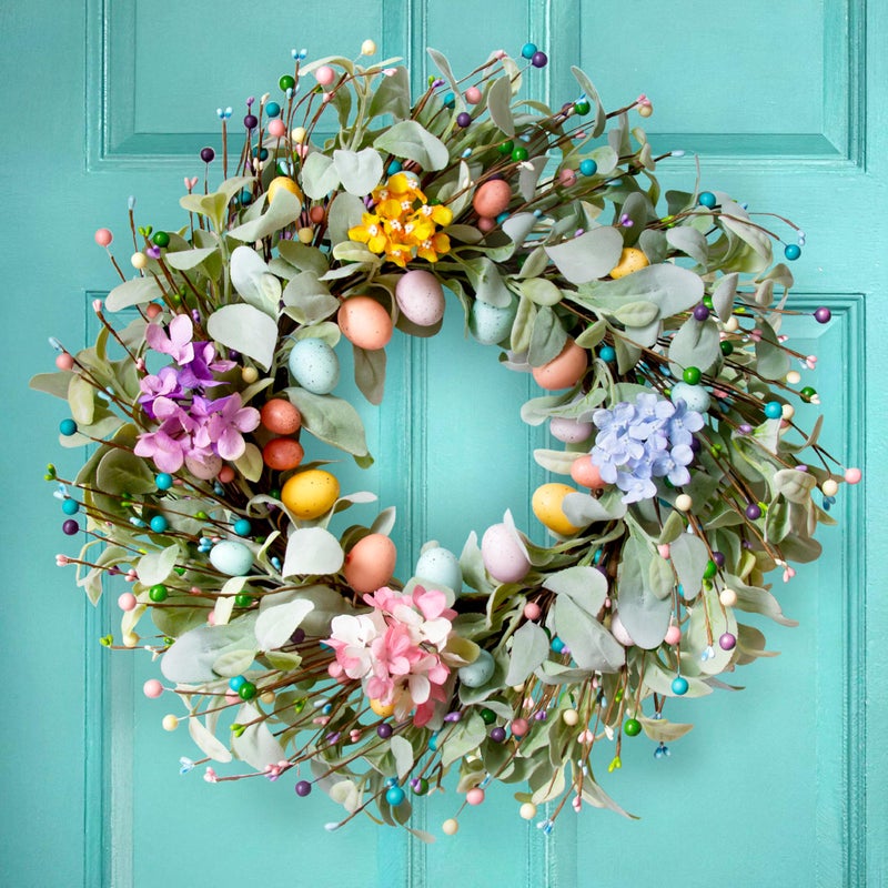 Montekin 20 Inch Spring Easter Wreath with Eggs & Lambs Ear â€“ Artificial Eucalyptus Holiday Front Door Wreath for Farmhouse, Indoor Outdoor Home DÃ©cor, Easter Egg Wreath for Spring - Image 1