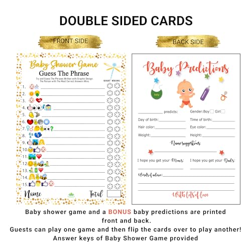 LOTUS-A Baby Shower Games - Hilarious Guess The Phrase and Predictions Cards 30 Thick Cardstocks 7x5 inches Printed Front Back Side Answer Keys Included Idea Neutral Theme for Girl Boy - Image 2