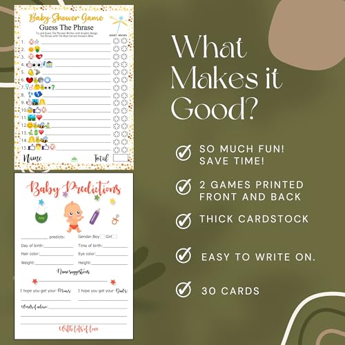LOTUS-A Baby Shower Games - Hilarious Guess The Phrase and Predictions Cards 30 Thick Cardstocks 7x5 inches Printed Front Back Side Answer Keys Included Idea Neutral Theme for Girl Boy - Image 5