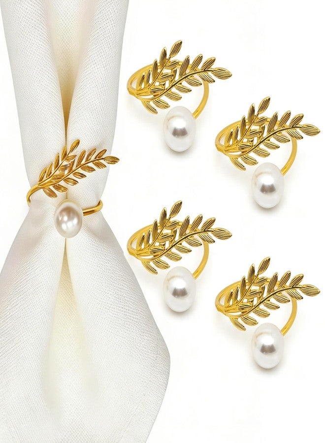KGCGJVB Set of 4 Gold Pearl Napkin Rings Metal Rings for Napkins with Wheat Ear Design Elegant Table Decoration for Family Dinner Wedding Party Napkin Holder Rings - Image 1
