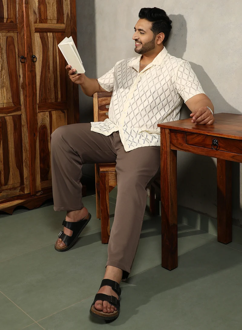 Instafab Plus Instafab Plus Men's Off-White Argyle-Crochet Resort Shirt For Casual Wear | Cuban Collar | Short Regular Sleeves | Button Closure | Plus Size Shirt Crafted With Comfort Fit For Everyday Wear