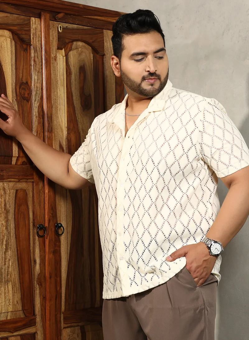Instafab Plus Instafab Plus Men's Off-White Argyle-Crochet Resort Shirt For Casual Wear | Cuban Collar | Short Regular Sleeves | Button Closure | Plus Size Shirt Crafted With Comfort Fit For Everyday Wear