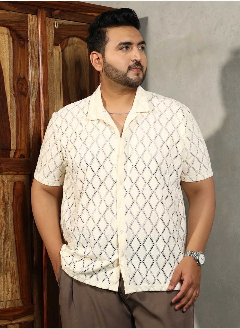 انستافاب بلس Instafab Plus Men's Off-White Argyle-Crochet Resort Shirt For Casual Wear | Cuban Collar | Short Regular Sleeves | Button Closure | Plus Size Shirt Crafted With Comfort Fit For Everyday Wear