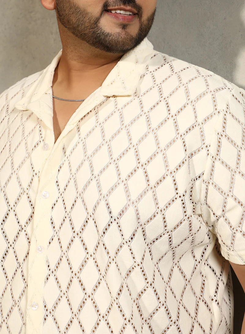 Instafab Plus Instafab Plus Men's Off-White Argyle-Crochet Resort Shirt For Casual Wear | Cuban Collar | Short Regular Sleeves | Button Closure | Plus Size Shirt Crafted With Comfort Fit For Everyday Wear
