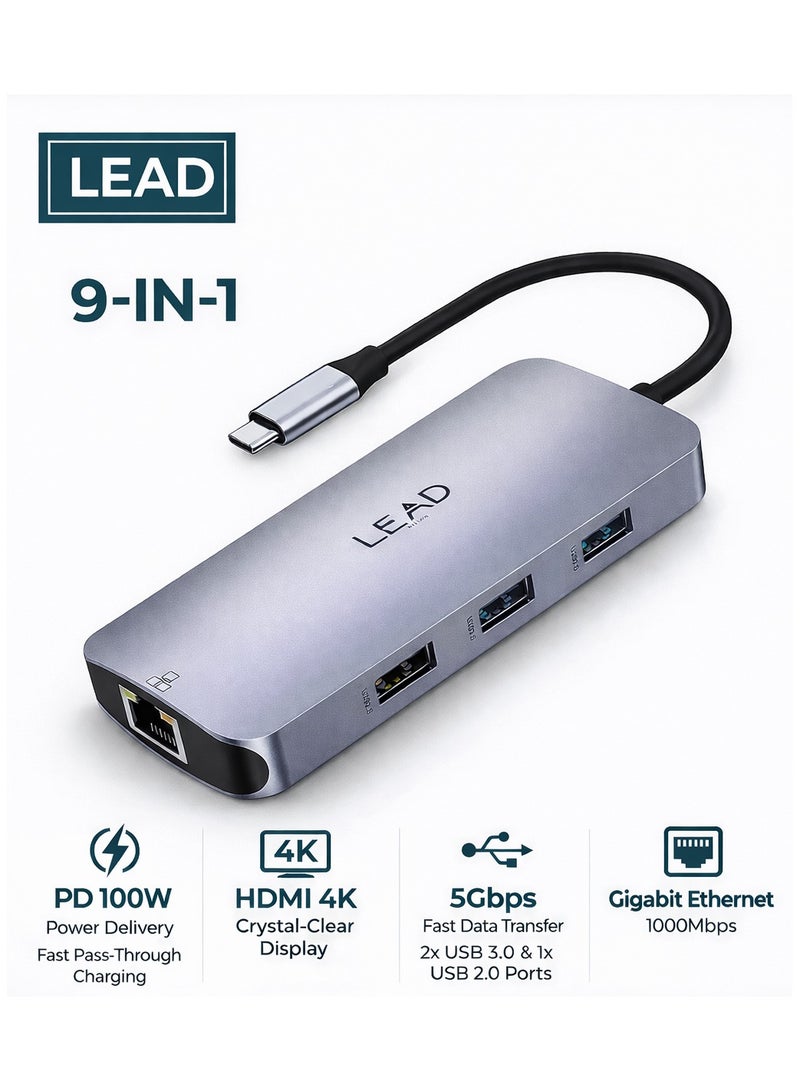 LEAD 9 IN 1 USB C Hub Multiport Adapter (LHB09) – 4K HDMI, 3 USB Ports, SD/TF Card Reader, Ethernet, 100W PD Charging – Gray - Image 1