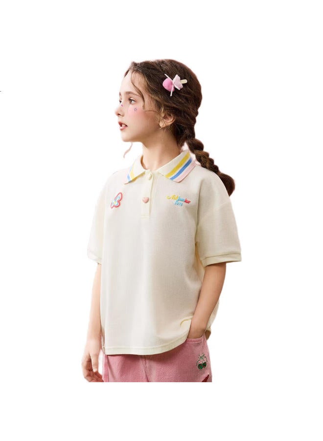 Ask Junior Kids T-Shirt Summer Color Block Short Sleeve Polo Shirt Big Kids Undershirt Girls Half Sleeve Tee White 130 - Image 1