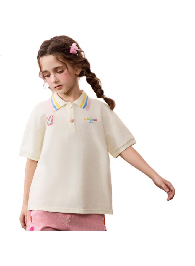 Ask Junior Kids T-Shirt Summer Color Block Short Sleeve Polo Shirt Big Kids Undershirt Girls Half Sleeve Tee White 130 - Image 3