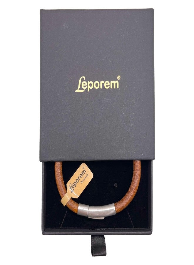 Leporem Handmade Genuine Antique Leather Bracelet - Unisex Wristband with Push-Button Lock Clasp - Premium Slide-Out Gift Box Included (Brown, 8.5 inch) - Image 3