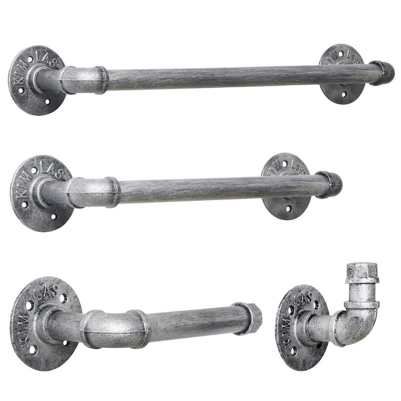 HouseAid 4Pieces Industrial Pipe Towel Holder Set Rustic Steel Towel Rack Kit Farmhouse Vintage Style Towel Bar Accessories for Bathroom Wall Mounted Antique Silver