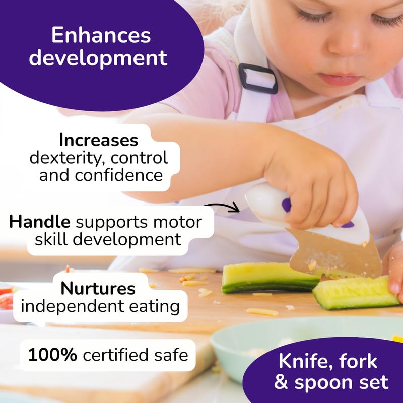 doddl Toddler Utensils, Ergonomic Fork Spoon and Knife Set for Self Feeding, Stainless Steel Silverware for 1-3 Year Olds, BPA Free, Dishwasher Safe (Indigo) - Image 3