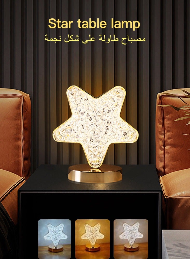 DINGKA Star Table Lamp, Stepless Dimmable Touch Lamp with 3 Colors, Rechargeable Night Light with USB Port, Crystal Star Light Bedside Lamp for Nightstand Desk Bedroom Living Room Home Decor - Image 1