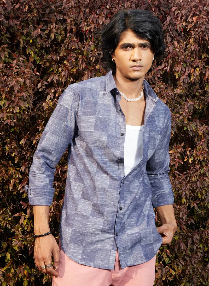Campus Sutra Campus Sutra Men's Steel Blue Heathered Denim Check Shirt For Casual Wear | Spread Collar | Long Sleeve | Button Closure | Cotton Shirt Crafted With Comfort Fit For Everyday Wear
