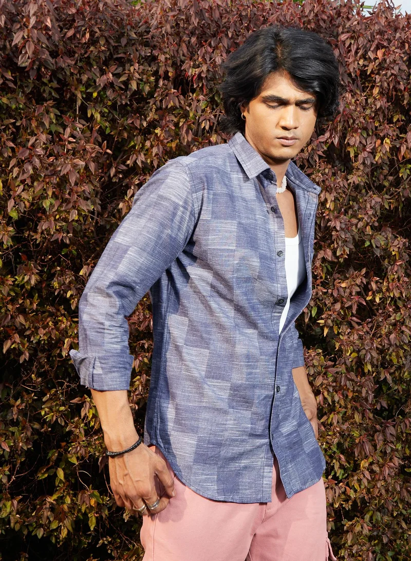 Campus Sutra Campus Sutra Men's Steel Blue Heathered Denim Check Shirt For Casual Wear | Spread Collar | Long Sleeve | Button Closure | Cotton Shirt Crafted With Comfort Fit For Everyday Wear