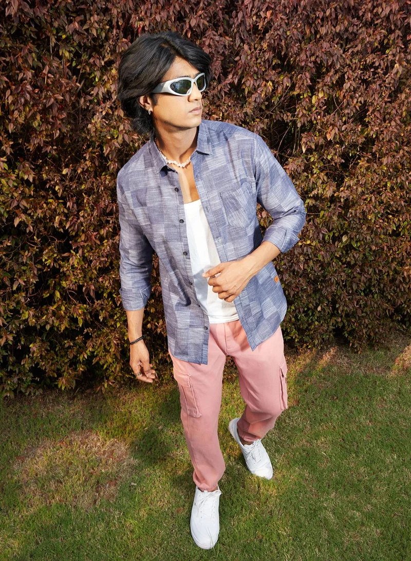 Campus Sutra Campus Sutra Men's Steel Blue Heathered Denim Check Shirt For Casual Wear | Spread Collar | Long Sleeve | Button Closure | Cotton Shirt Crafted With Comfort Fit For Everyday Wear