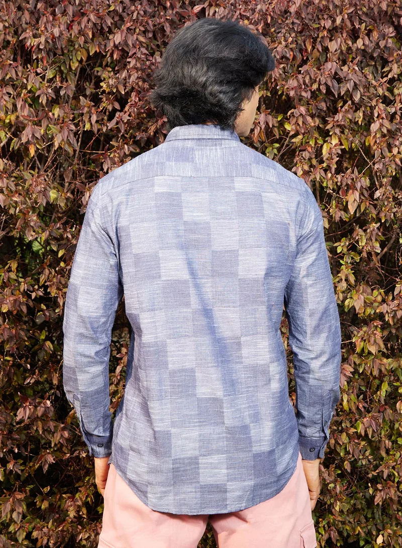 Campus Sutra Campus Sutra Men's Steel Blue Heathered Denim Check Shirt For Casual Wear | Spread Collar | Long Sleeve | Button Closure | Cotton Shirt Crafted With Comfort Fit For Everyday Wear