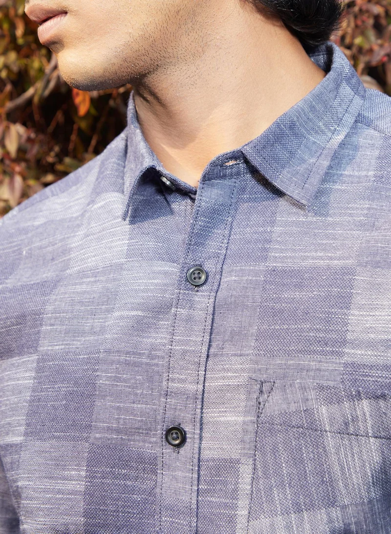 Campus Sutra Campus Sutra Men's Steel Blue Heathered Denim Check Shirt For Casual Wear | Spread Collar | Long Sleeve | Button Closure | Cotton Shirt Crafted With Comfort Fit For Everyday Wear