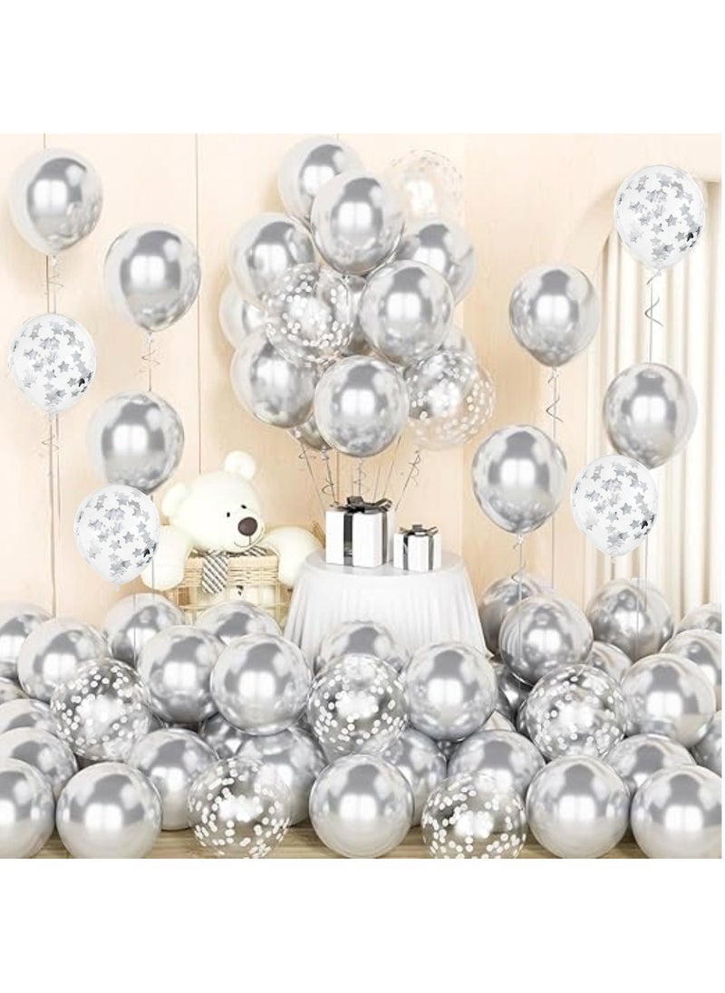 Boxwoods 60 PCS Silver Chrome Metallic Balloons With Confetti For Party Decoration  - Image 1