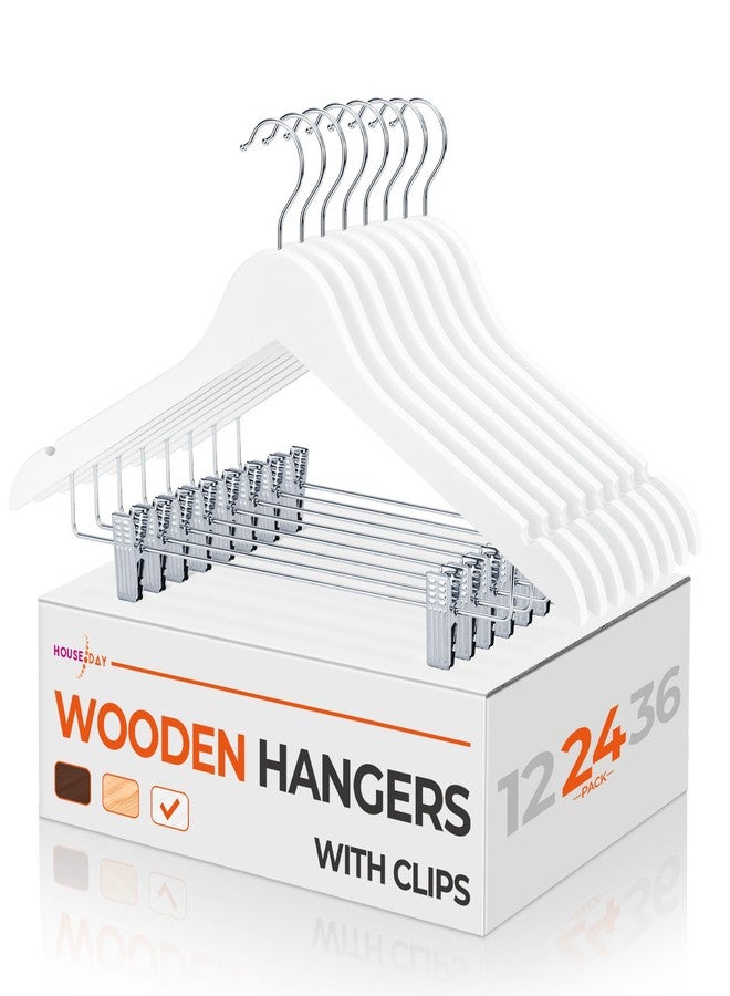 HOUSE DAY أطواق خشبية مع مشابك من هاوس داي، أطواق خشبية مميزة للملابس، بدلة - تشطيب ناعم، أبيض - 24 قطعة - Image 1