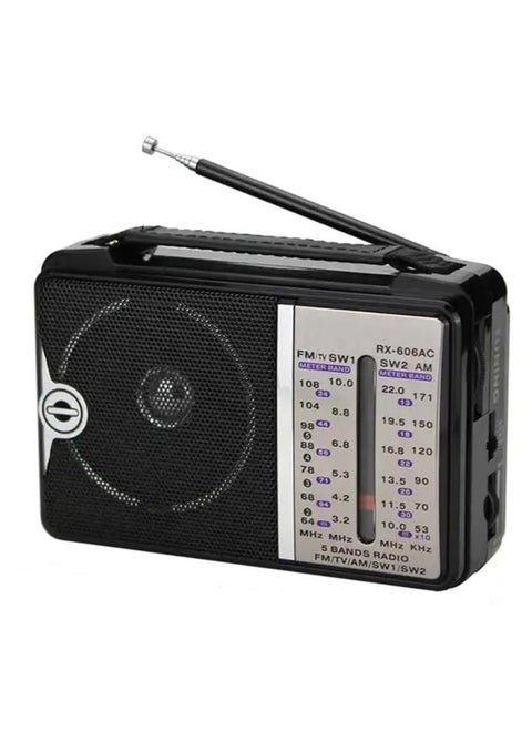 AM/FM/SW1/SW transistor radio, AC or battery powered, with the best large speaker for reception and a fine-tuning knob,