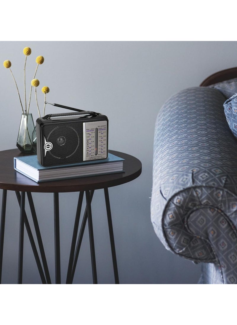 AM/FM/SW1/SW transistor radio, AC or battery powered, with the best large speaker for reception and a fine-tuning knob,