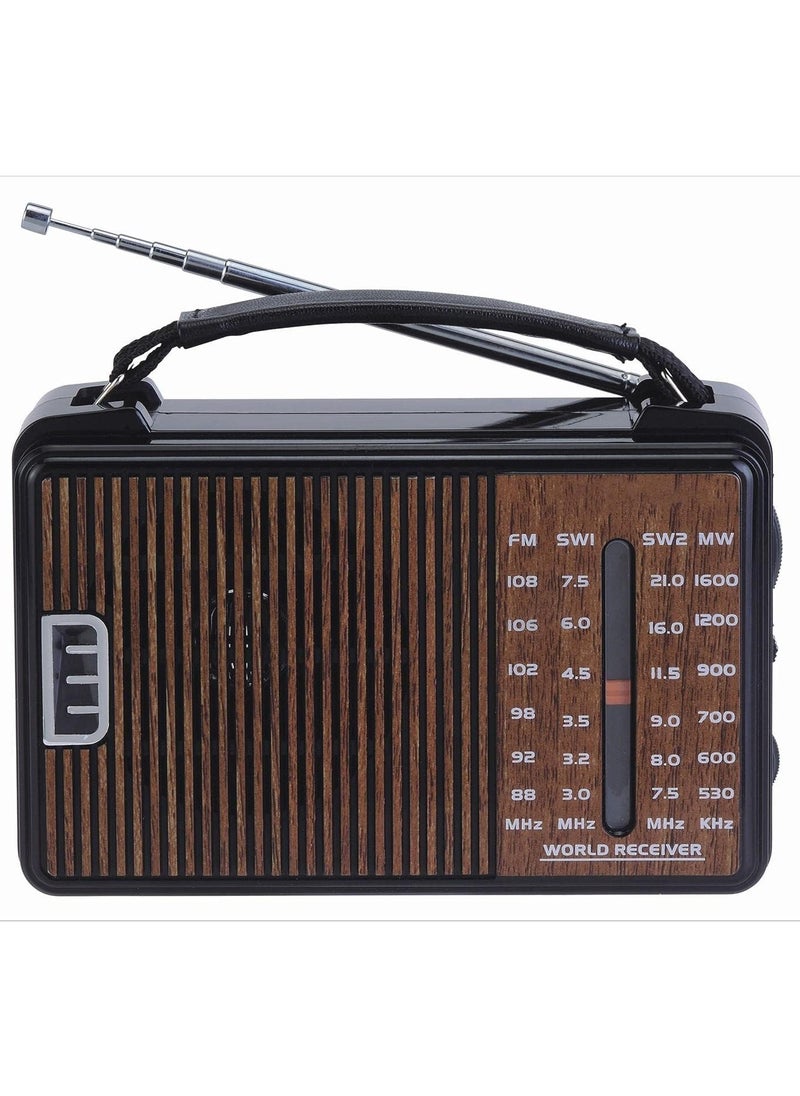AM/FM/SW1/SW transistor radio, AC or battery powered, with the best large speaker for reception and a fine-tuning knob,