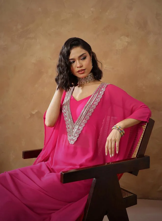 SASSAFRAS Fuchsia Embroidered Kaftan, Cami and Straight Pants Set