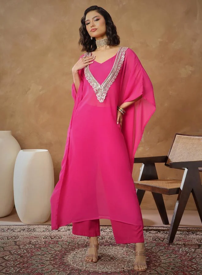 SASSAFRAS Fuchsia Embroidered Kaftan, Cami and Straight Pants Set