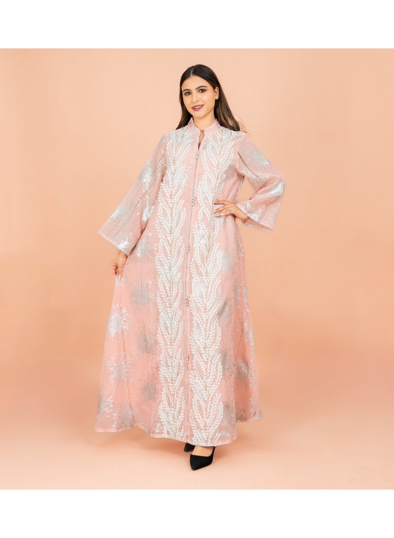 IKKXA Luxury Foil Leaf Prints Elegant Jalabiya IK4025 Peach - Image 1