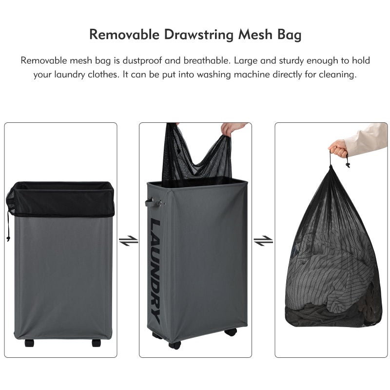 DOKEHOM 29-Inches Enlarged Slim Laundry Basket with Removable Wash Bag on Wheels, Collapsible Rolling Laundry Hamper, Foldable Narrow Corner Clothes Storage Bins (Dark Grey) - Image 5