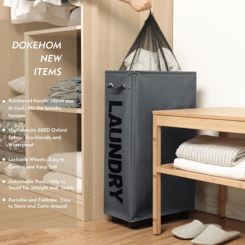 DOKEHOM 29-Inches Enlarged Slim Laundry Basket with Removable Wash Bag on Wheels, Collapsible Rolling Laundry Hamper, Foldable Narrow Corner Clothes Storage Bins (Dark Grey) - Image 2