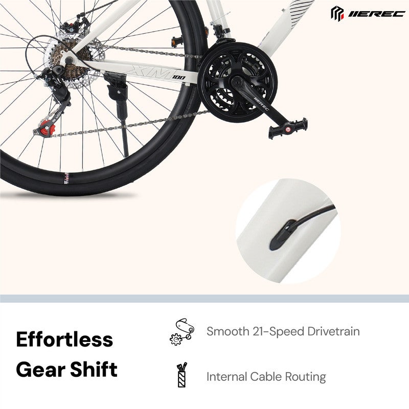 Merec XM100 700C Bike | Steel Frame, 21 Speed Drivetrain, Internal Cable Routing, 700x35C Tires, Alloy Stem - White - Image 3