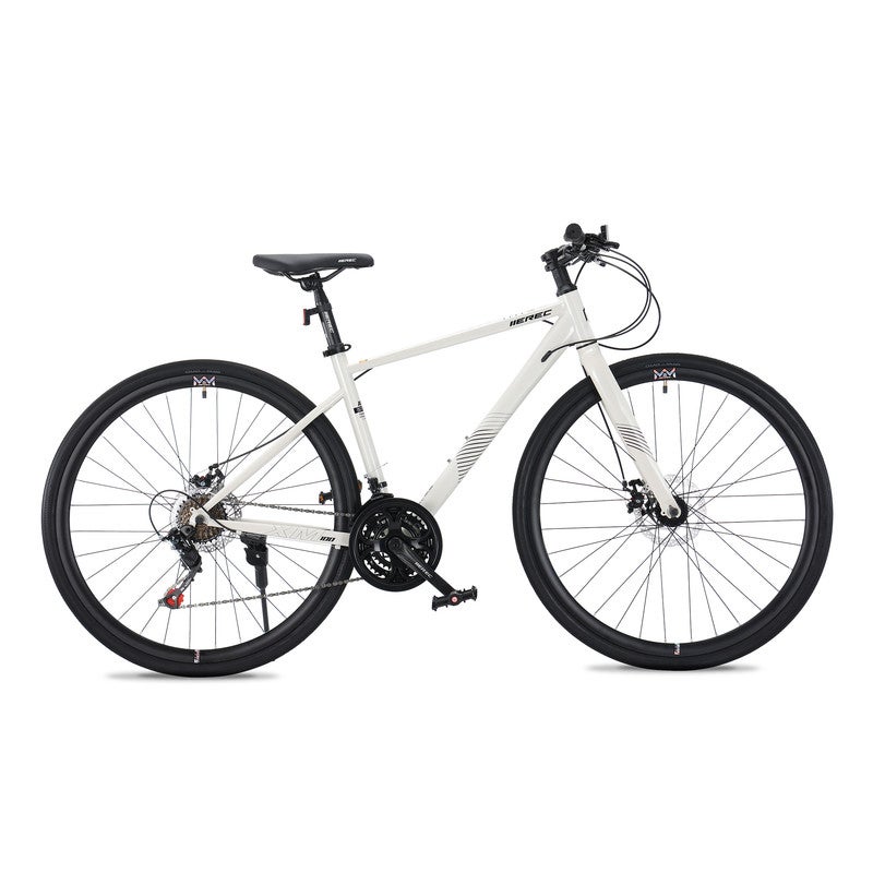 Merec XM100 700C Bike | Steel Frame, 21 Speed Drivetrain, Internal Cable Routing, 700x35C Tires, Alloy Stem - White - Image 1