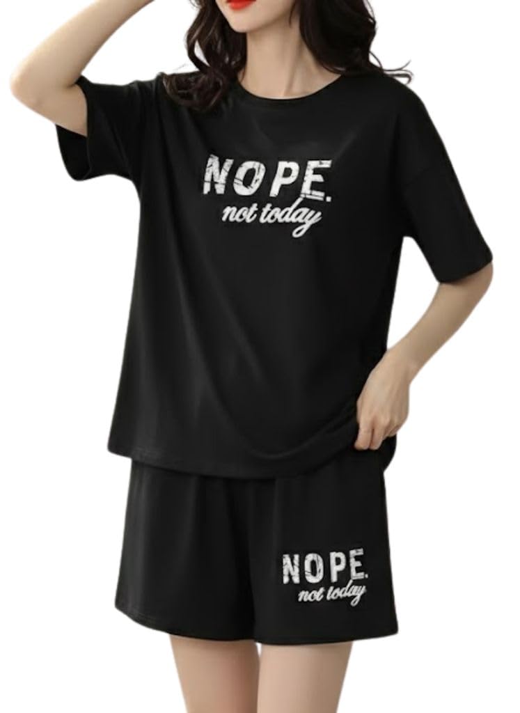 SMOWKLY Women Cotton Blend Night Suit | Short Night Dress Set for Women | Soft Printed T-Shirt & Shorts Pajama Set | Comfortable Summer Nightwear for Ladies & Girls(1586_BK_M) Black - Image 5