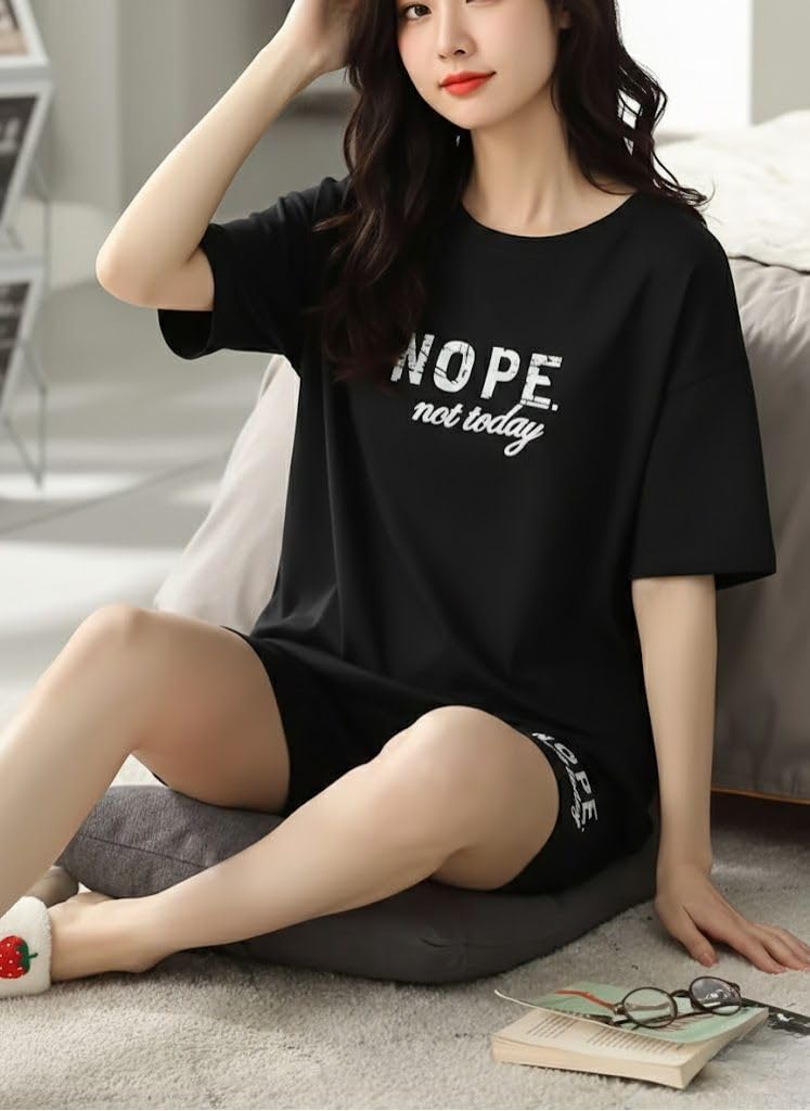 SMOWKLY Women Cotton Blend Night Suit | Short Night Dress Set for Women | Soft Printed T-Shirt & Shorts Pajama Set | Comfortable Summer Nightwear for Ladies & Girls(1586_BK_M) Black - Image 3