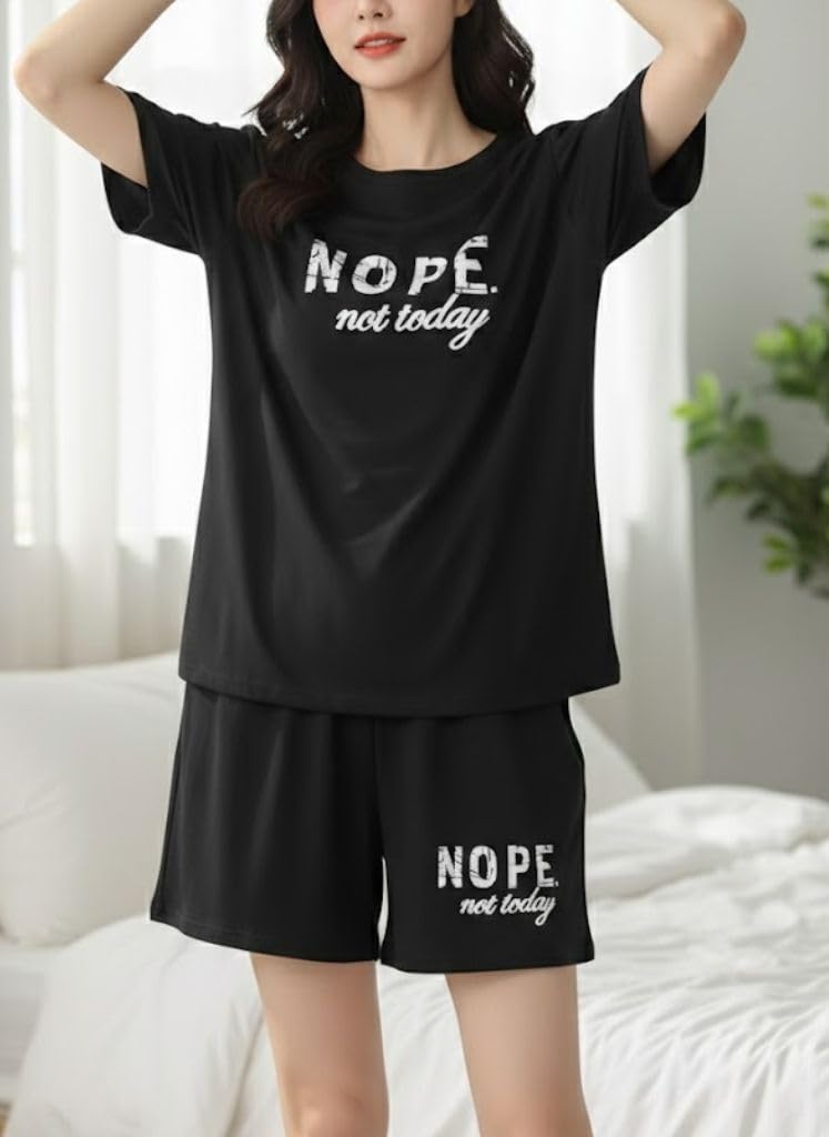 SMOWKLY Women Cotton Blend Night Suit | Short Night Dress Set for Women | Soft Printed T-Shirt & Shorts Pajama Set | Comfortable Summer Nightwear for Ladies & Girls(1586_BK_M) Black - Image 4