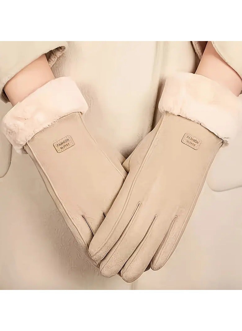 Rozino 1 Pair Cozy Women'S Beige Touchscreen Gloves - Thick Warm Plush Lined Winter Gloves, Full Finger Design, Polyester Material, Knitted Craftsmanship, Inelastic Fit, Suitable for Going Out and Warmth Preservation  - Image 1