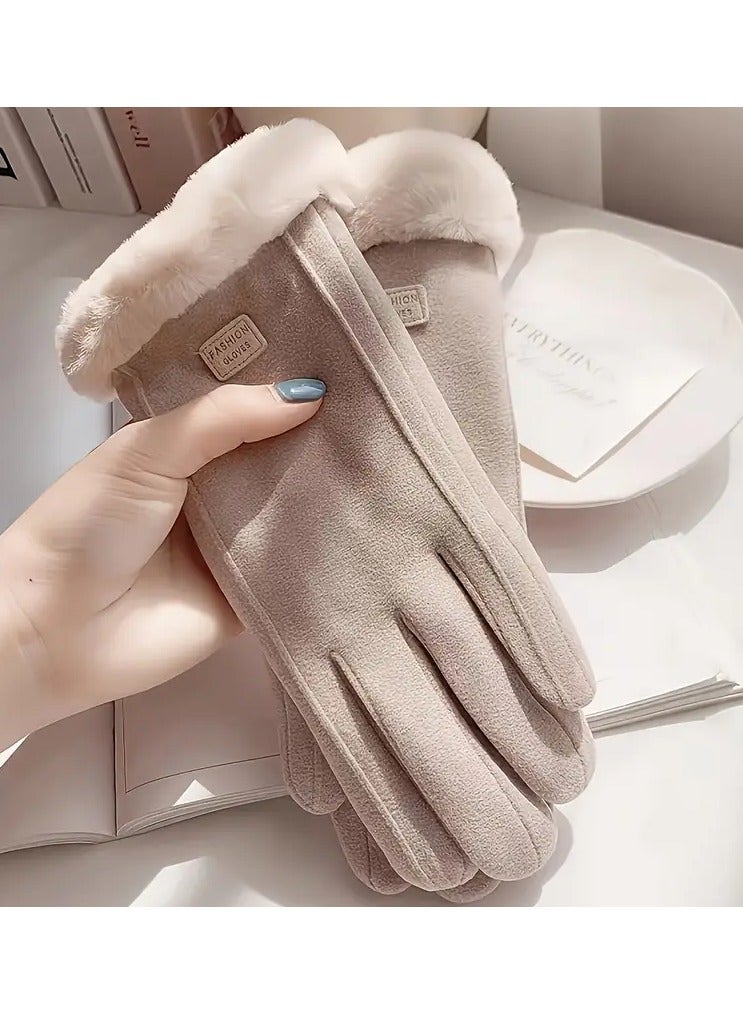 Rozino 1 Pair Cozy Women'S Beige Touchscreen Gloves - Thick Warm Plush Lined Winter Gloves, Full Finger Design, Polyester Material, Knitted Craftsmanship, Inelastic Fit, Suitable for Going Out and Warmth Preservation  - Image 3