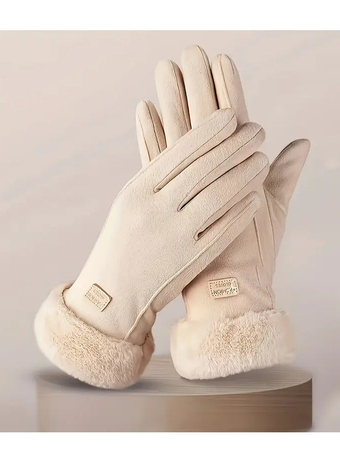 Rozino 1 Pair Cozy Women'S Beige Touchscreen Gloves - Thick Warm Plush Lined Winter Gloves, Full Finger Design, Polyester Material, Knitted Craftsmanship, Inelastic Fit, Suitable for Going Out and Warmth Preservation  - Image 2