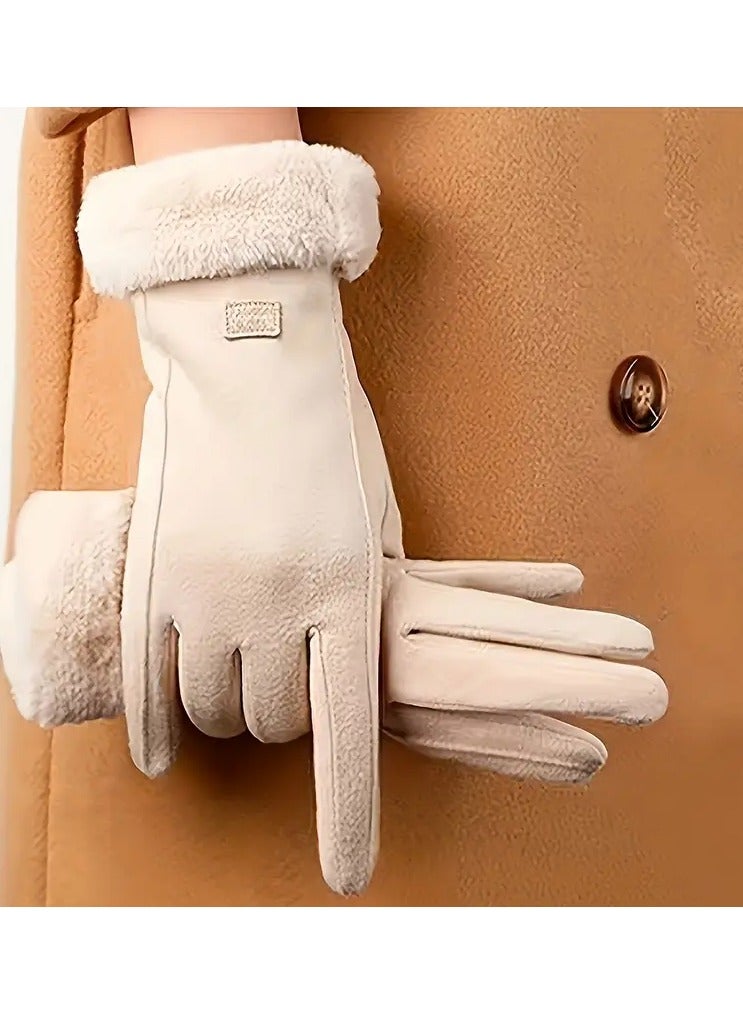 Rozino 1 Pair Cozy Women'S Beige Touchscreen Gloves - Thick Warm Plush Lined Winter Gloves, Full Finger Design, Polyester Material, Knitted Craftsmanship, Inelastic Fit, Suitable for Going Out and Warmth Preservation  - Image 4