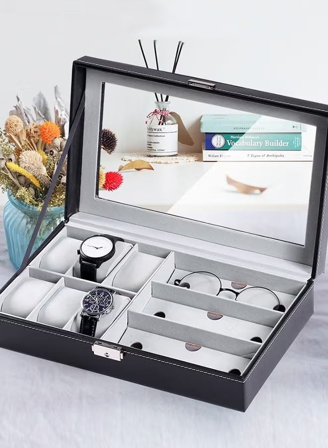 رولستيمي بو الجلود طبقة واحدة 6-موقف تخزين مربع + 3-شبكة نظارات الإطار المنزلية مجوهرات عرض مربع-عالية الجودة ودائم المواد ، يمكن تخزين أساور / القلائد - Image 2