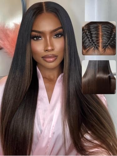 UNICE Chestnut Brown Ombre Yaki Straight 7x5 Pre Cut HD Lace Front Wigs Human Hair with Drawstring Bye Bye Knots Glueless Wig Pre Plucked Bleached Knots Natural Hairline 150 Density 20 inch - Image 1