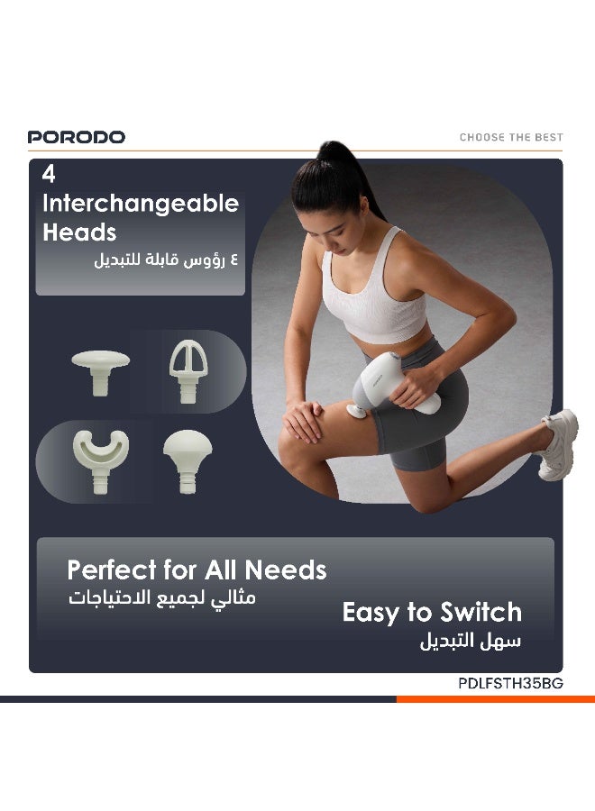 porodo Cordless Mini Massage Gun with 4 Interchangeable Heads & 4H Working Time / Adjustable Massage Intensity / Safety Auto Shut Off / 5 Speed Levels - Beige - Image 2