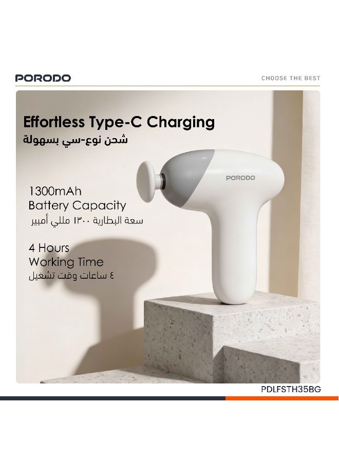 porodo Cordless Mini Massage Gun with 4 Interchangeable Heads & 4H Working Time / Adjustable Massage Intensity / Safety Auto Shut Off / 5 Speed Levels - Beige - Image 4