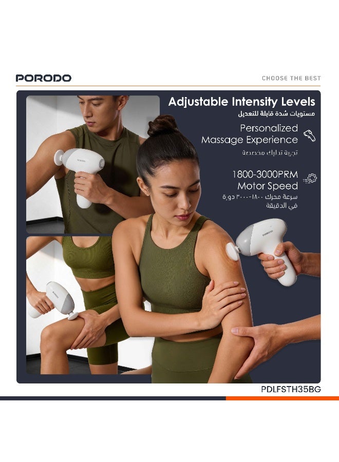 porodo Cordless Mini Massage Gun with 4 Interchangeable Heads & 4H Working Time / Adjustable Massage Intensity / Safety Auto Shut Off / 5 Speed Levels - Beige - Image 3
