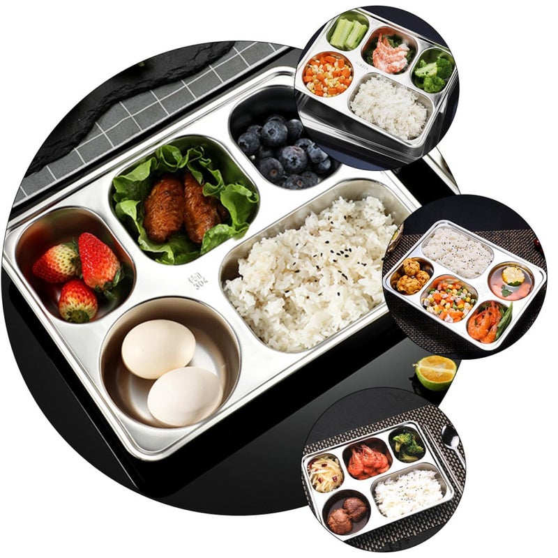 5 Compartment Stainless Steel Lunch Tray 304 Material Large Rectangular Meal Prep Serving Plate - Image 5
