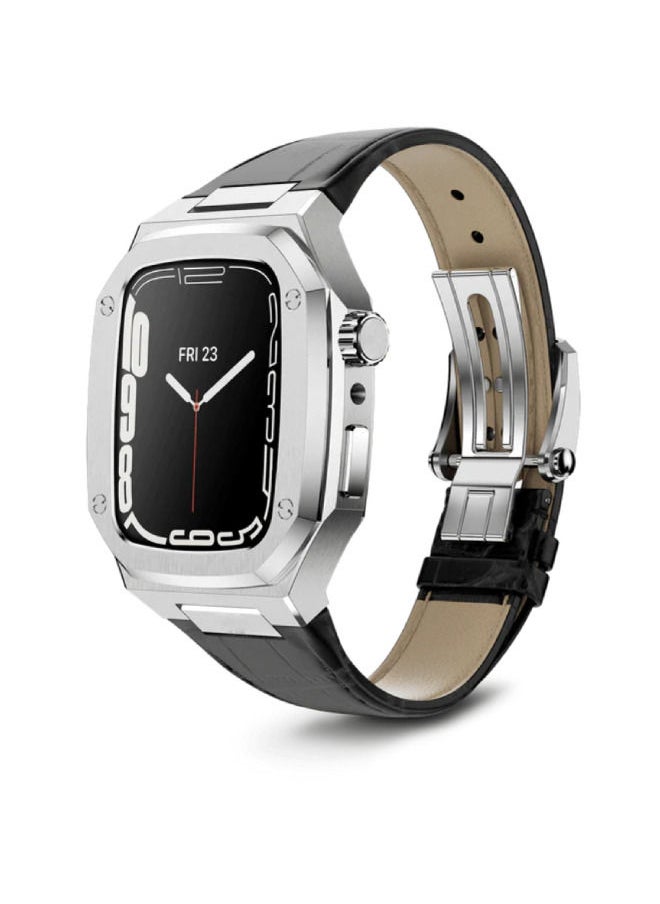 CAVIAR Luxury Stainless Steel Mod Kit For iWatch 45mm Leather Band Strap Series 8 7 Black Silver  - Image 1