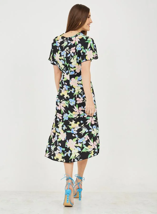 ستايلي Front Twist Detail Floral Print A-Line Midi Dress