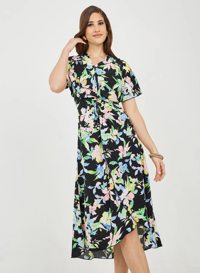 ستايلي Front Twist Detail Floral Print A-Line Midi Dress